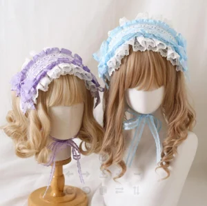 Lavender and light blue elegant lolita lace hair clip headband with multi-layer ruffled lace and matching ribbon bow, front side view on golden curly wig mannequin