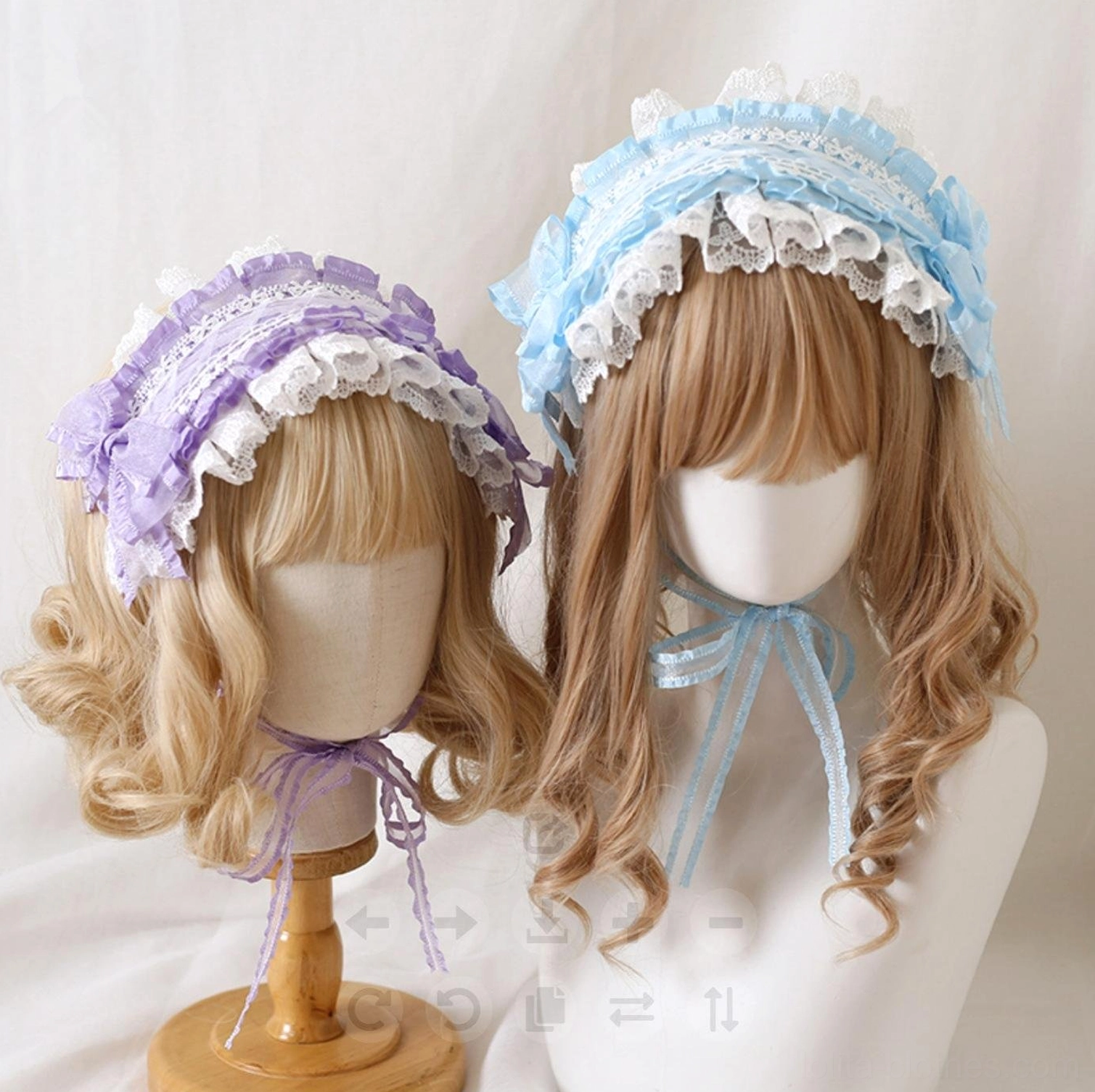 Lavender and light blue elegant lolita lace hair clip headband with multi-layer ruffled lace and matching ribbon bow, front side view on golden curly wig mannequin