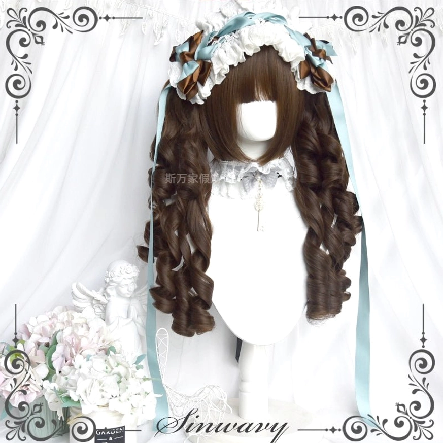 Elegant Old School Lolita Roman curl wig front eye-level view with dark brown blunt bangs and long voluminous curly locks, coordinated with blue-brown lace bonnet and lace choker