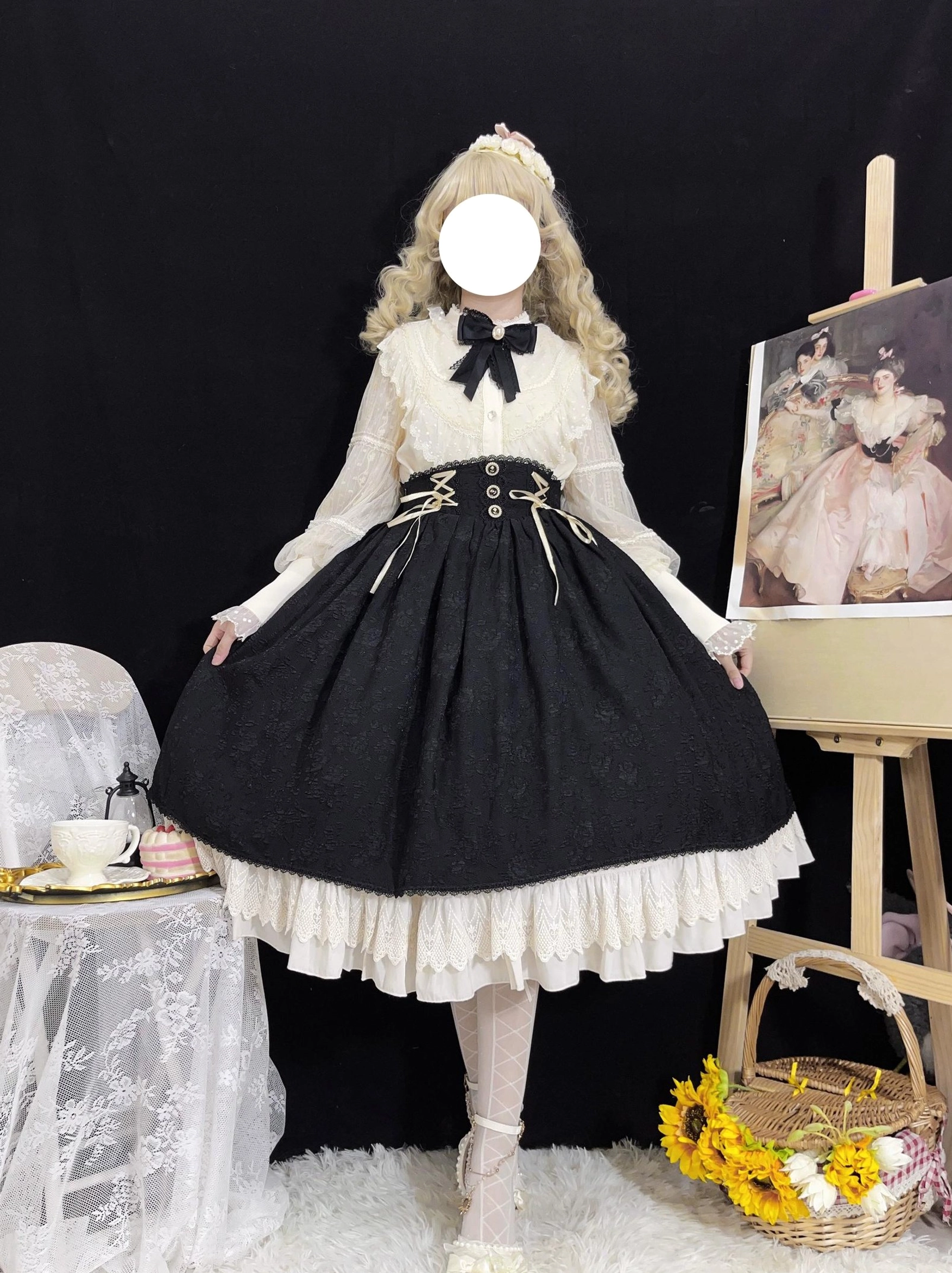 Elegant retro Lolita two-piece set front view hands on hips full-length A-line midi skirt corset waist golden lace strings coordinated black bow tie