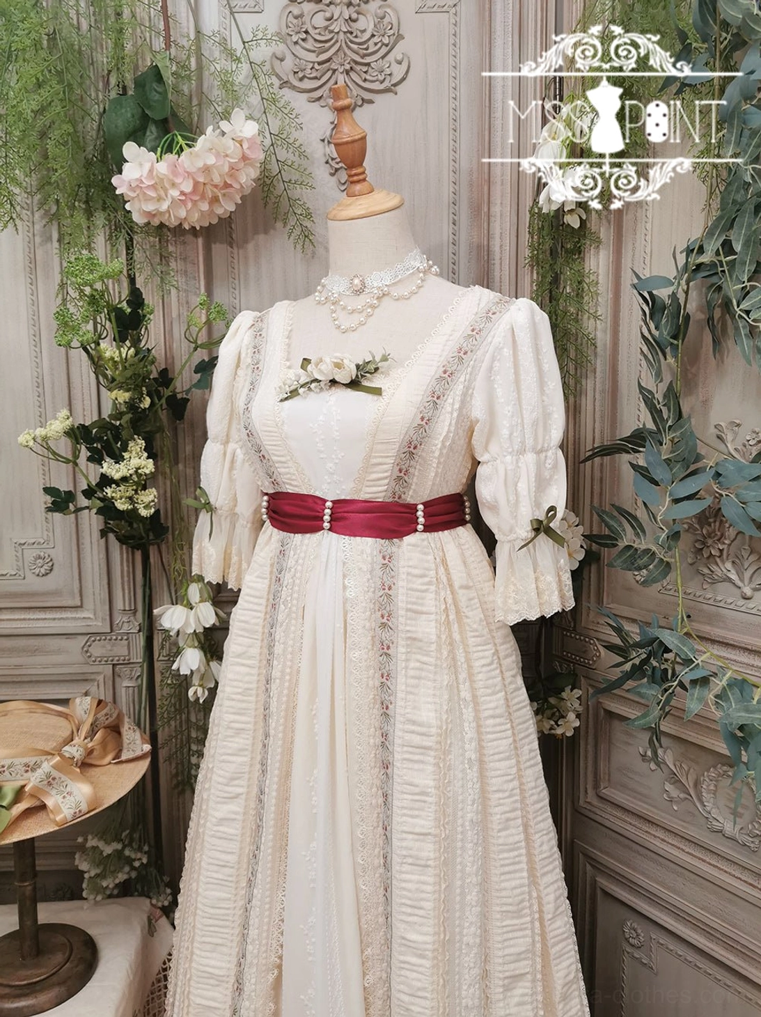 Elegant lolita waist ribbon belt featuring handmade pearl beading and classic floral embroidery for sallys garden collection coordination