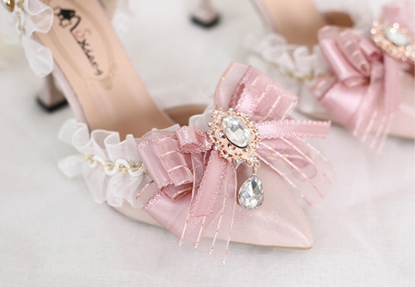 Elegant pink lolita wedding heels styled for sweet lolita fashion coordinate featuring pointed-toe silhouette, crystalline butterfly embellishments, pearl accents, and romantic ruffled trim details