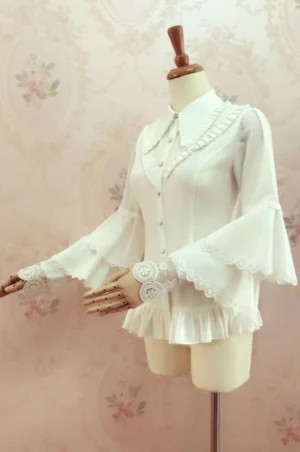 Elegant tiered bell sleeve lolita blouse milky white three-quarter front left view mannequin display romantic ruffled collar lace trim
