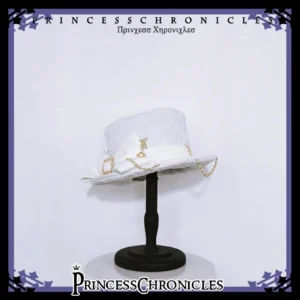 White Ouji Lolita formal top hat side three-quarter angle showcase displaying textured Jacquard weave, gold crown ornament, detachable pearl chain edging, and decorative bow design details