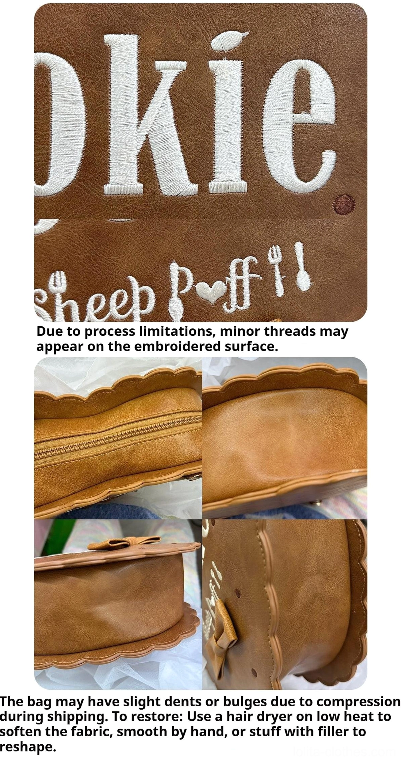Embroidered cookie text details on lolita handbag showing precision stitching and dimensional embellishment work on faux leather