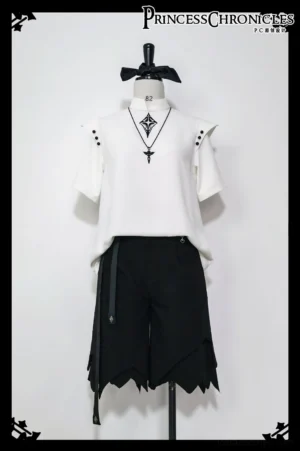 Embroidered white Ouji lolita shirt and black irregular hem shorts two-piece outfit displayed on mannequin, front flat view showing shoulder stud details and structured silhouette, complete ouji lolita ensemble presentation