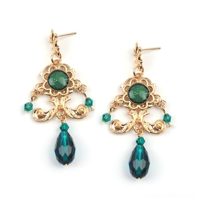 Emerald green crystal vintage Baroque Lolita drop earrings with gold filigree frame, green beads and teardrop pendant