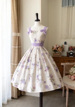 Enchanted garden cream-based floral print lolita JSK dress with purple flowers, purple waistband, bow-adorned shoulder straps, and full flared midi skirt silhouette shown in three-quarter front view