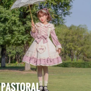 Enchanted Garden sweet lolita OP dress pink cream full front view outdoor park setting twin-tailed girl Mary Jane shoes stockings