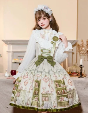 Enchanted Library Classic Lolita Bust-Support JSK Dress with cream bookstore print and olive green waist bow, worn with white ruffled blouse, front view in vintage tea room setting
