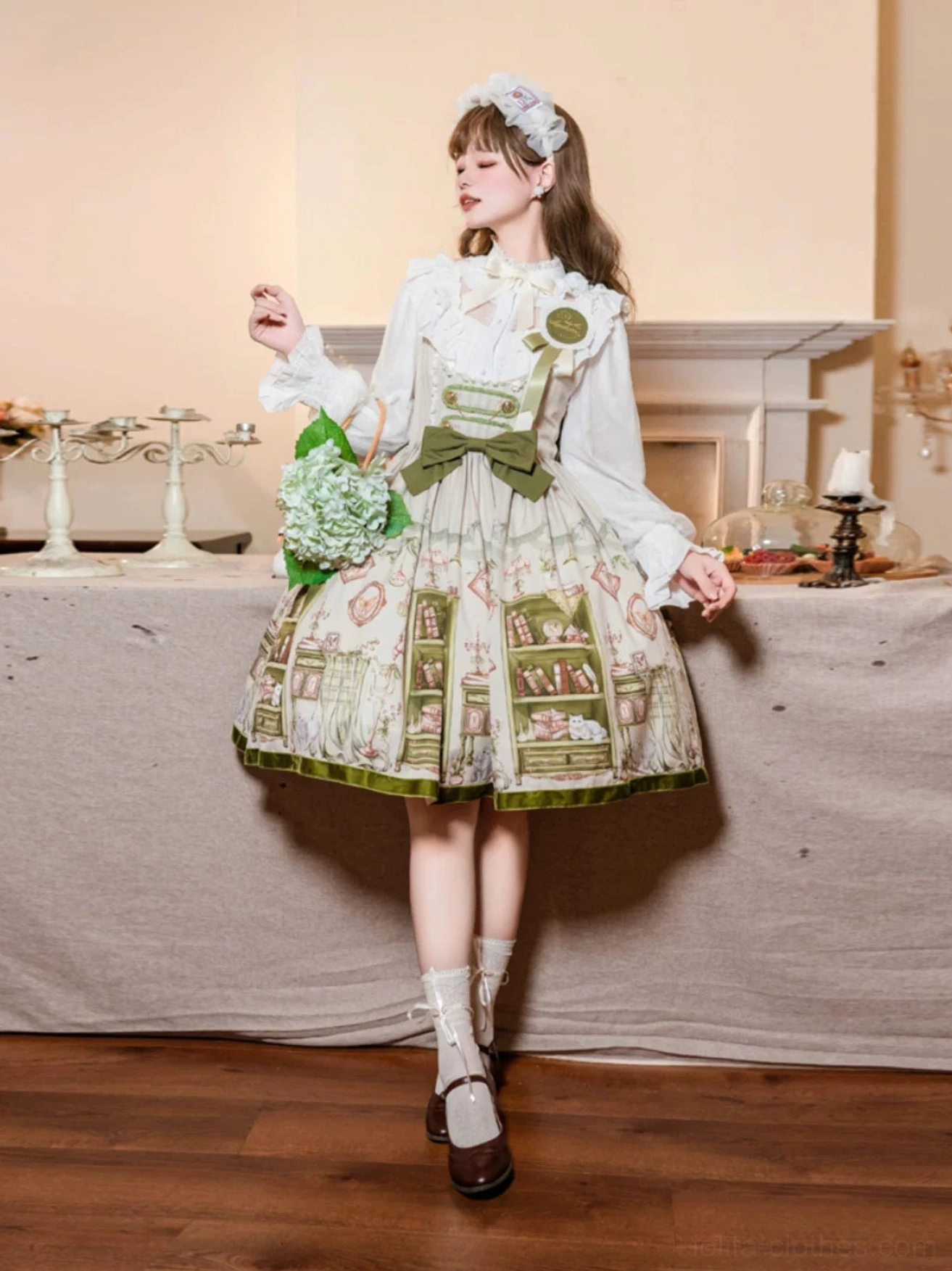 Enchanted Library Classic Lolita Bust-Support JSK dress with detailed bookstore and vintage library print showcasing books, cats, lamps and furnishings throughout fabric