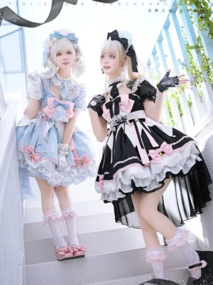 enchanted maid lolita one-piece dress front full body dual model shot black and pink blue and pink colorway outdoor stairs