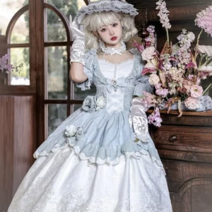 Front three-quarter view of enchanted fairytale princess lolita op dress in blue and white with halter neckline, puff sleeves, and layered lace trim on model wearing lolita hat and white gloves in vintage study setting