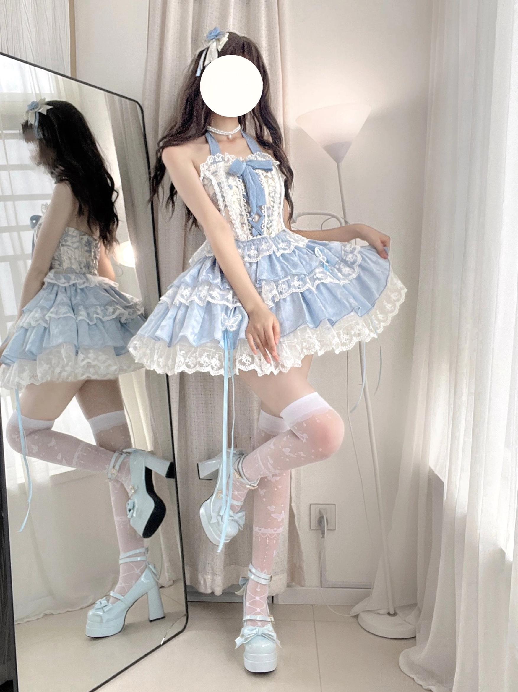 Endless Summer ballet sweet lolita complete outfit sky blue halter bodice with tiered lace skirt light blue high-heeled shoes and decorative hair clip full-body mirror selfie indoor room with floor lamp