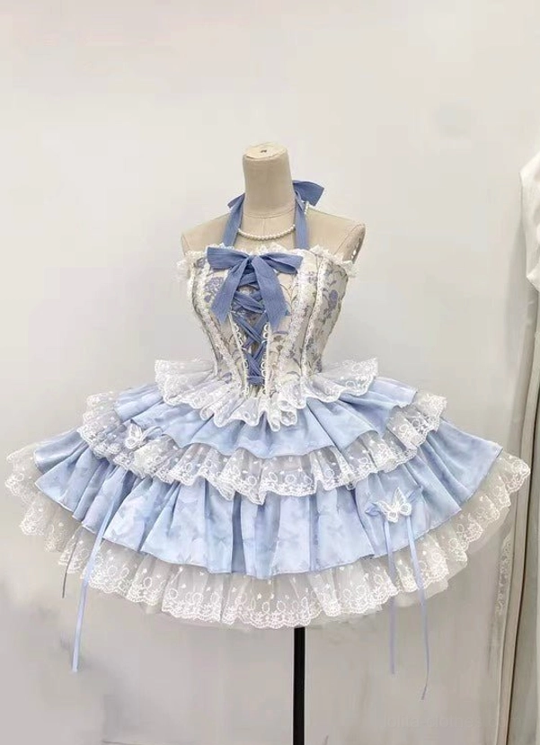 Endless Summer ballet sweet lolita skirt set sky blue halter bodice with decorative front lacing tiered ruffled lace skirt featuring jacquard print embroidered lace hems sweet lolita aesthetic
