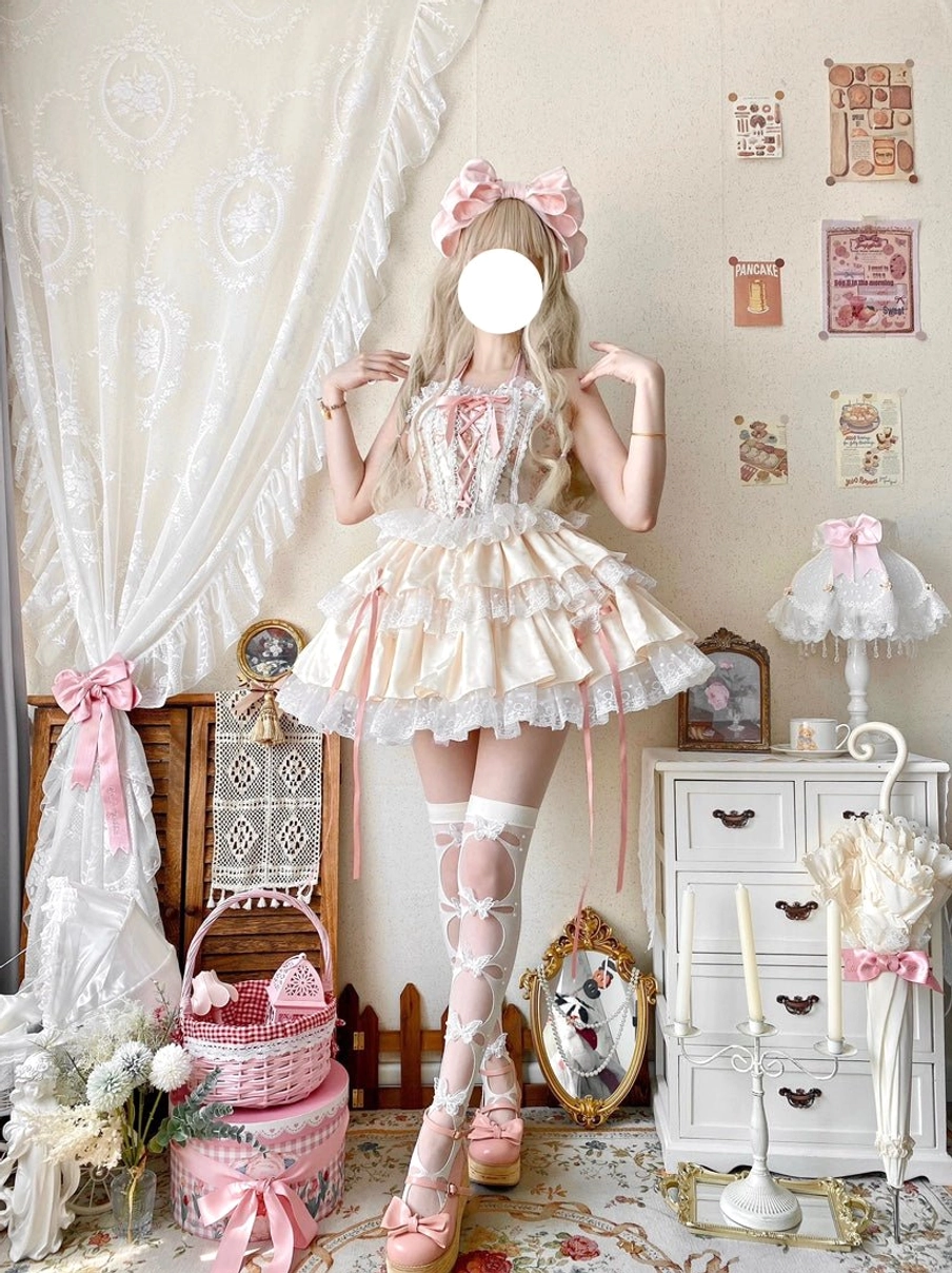 Endless Summer sweet lolita skirt set pastel pink halter bodice tiered lace ruffled skirt with butterfly embellishments and interchangeable satin ribbons complete sweet lolita ballet-inspired outfit