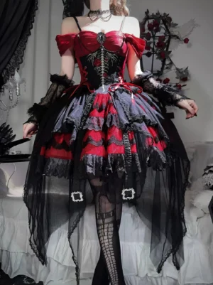 Eternal Thorn Dragonbone gothic lolita off-shoulder JSK dress red black embroidered front full body model wearing dark bedroom setting