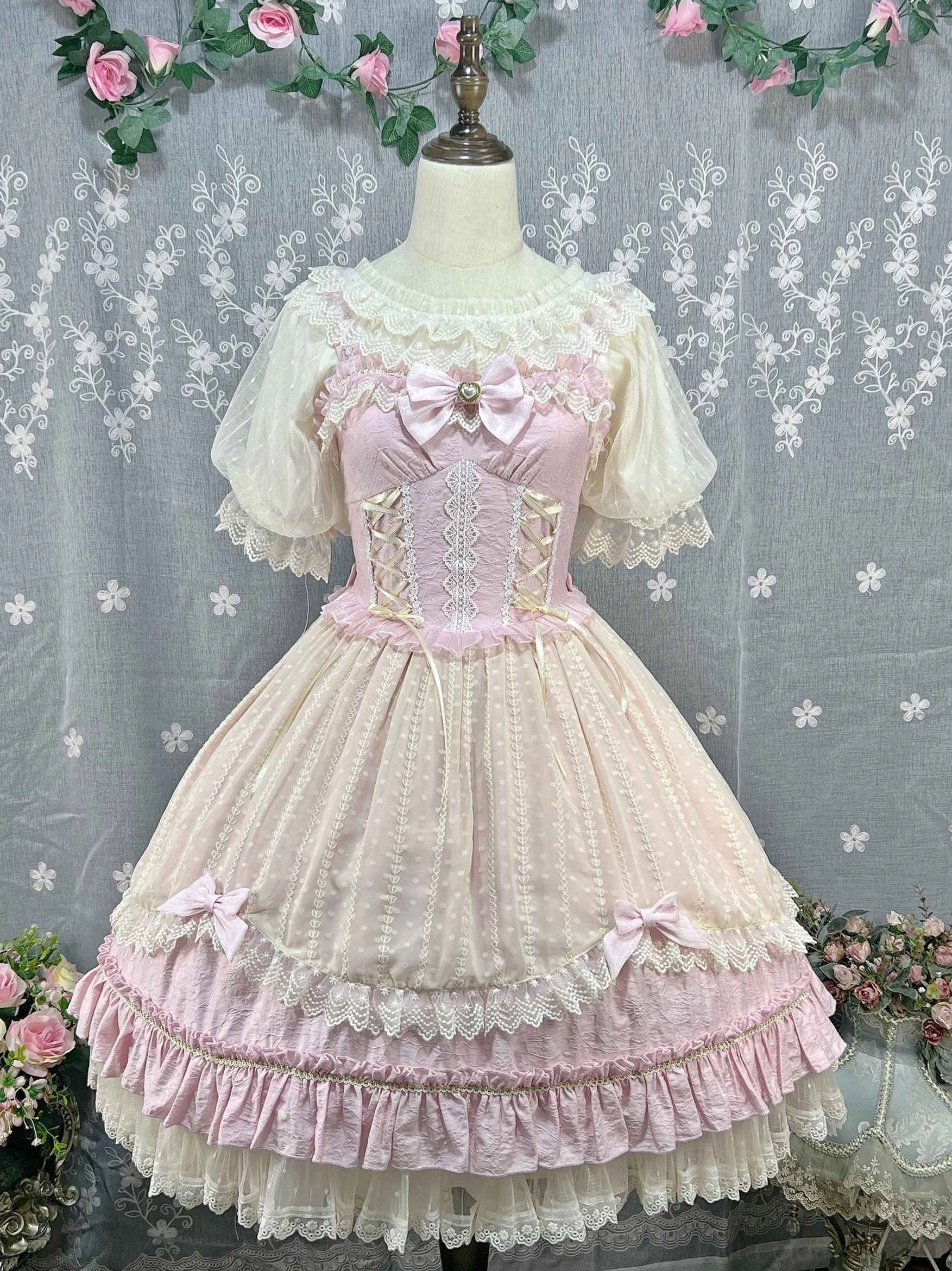 Ethereal classic Lolita short-sleeve chiffon blouse in milky white and apricot showcasing mesh overlay, lace details, and refined silhouette for Lolita fashion