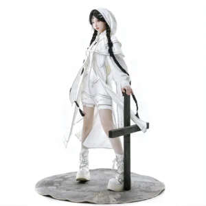 Complete white cyber-lolita techwear ensemble featuring hooded draped cape, lolita top with mutton sleeves, and functional shorts with leg harness, side profile standing view