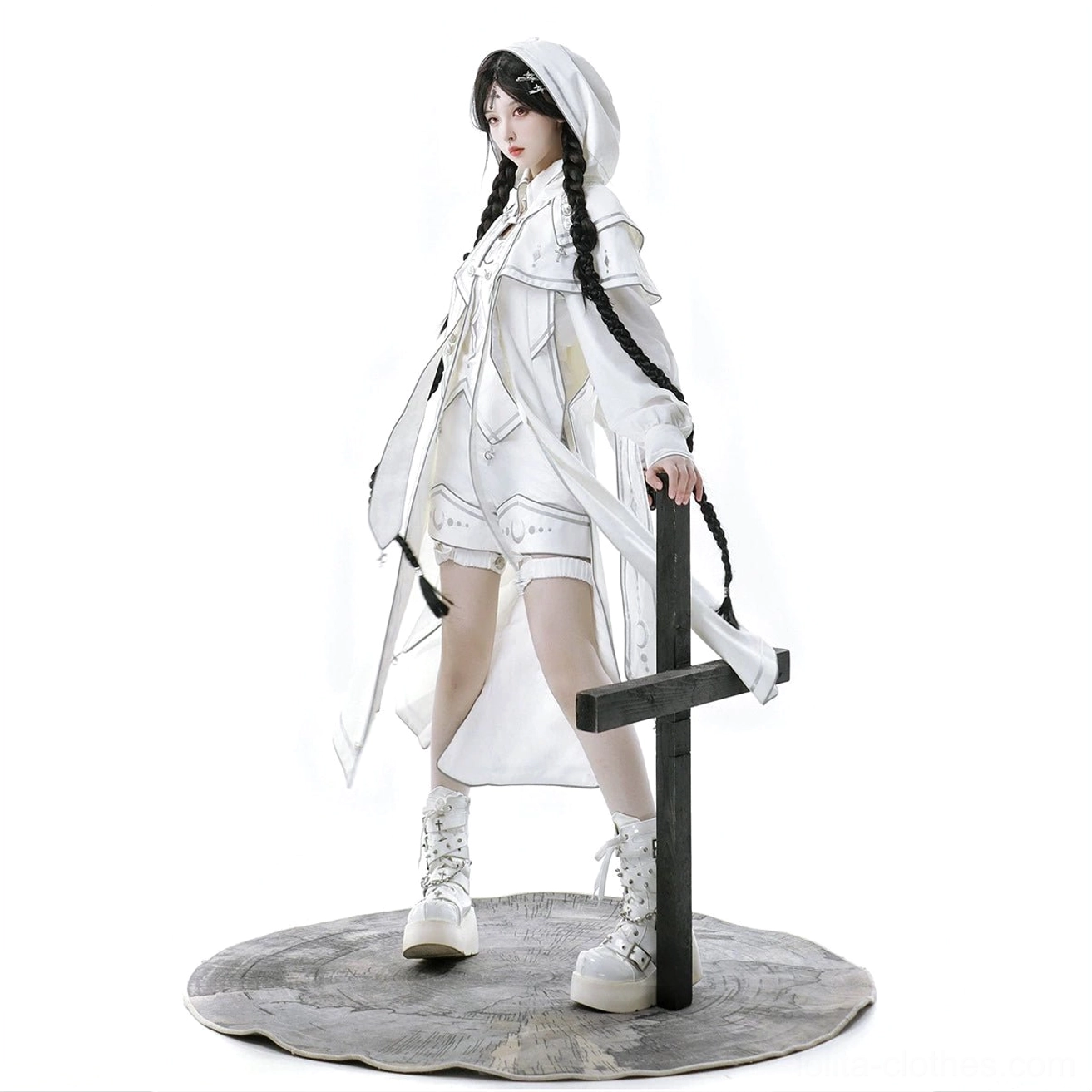 Complete white cyber-lolita techwear ensemble featuring hooded draped cape, lolita top with mutton sleeves, and functional shorts with leg harness, side profile standing view