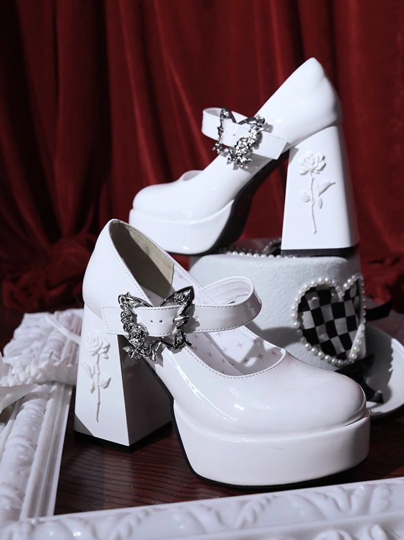 Black Mary Jane platform Lolita heels with thick platform base and adjustable ankle strap featuring decorative rose-butterfly buckle for all-day comfort