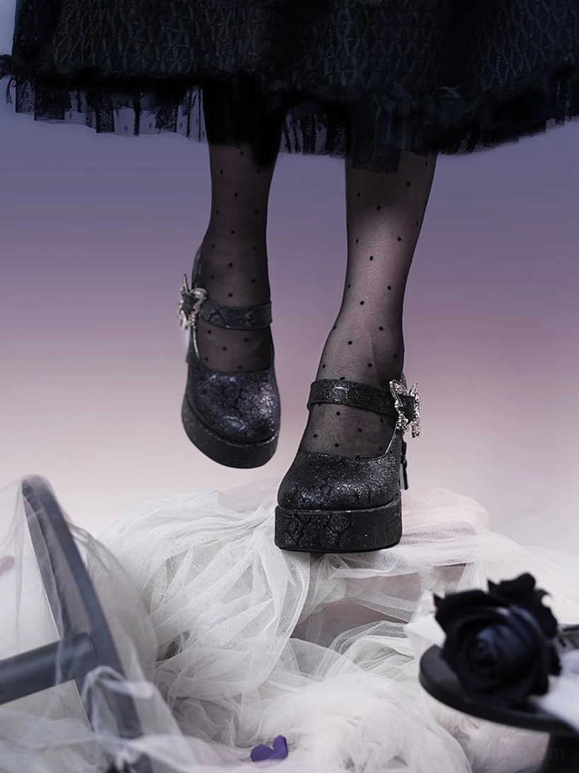 Ethereal rose garden Mary Jane platform Lolita heels available in four colorways: glossy black, glittery black, soft pink, and classic white with adjustable ankle strap
