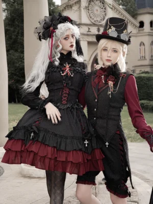 Evil Fang gothic lolita jsk ouji shorts suit couples coordinate featuring two models church setting chest ornate details