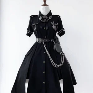 Evil Python 2.0 military gothic lolita OP dress in black with metal collar badges and button details - full front view on mannequin