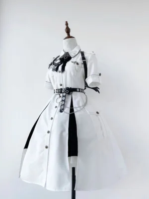Milky white military gothic lolita OP dress with asymmetrical black skirt panel and adjustable leather waist belt with metal hardware