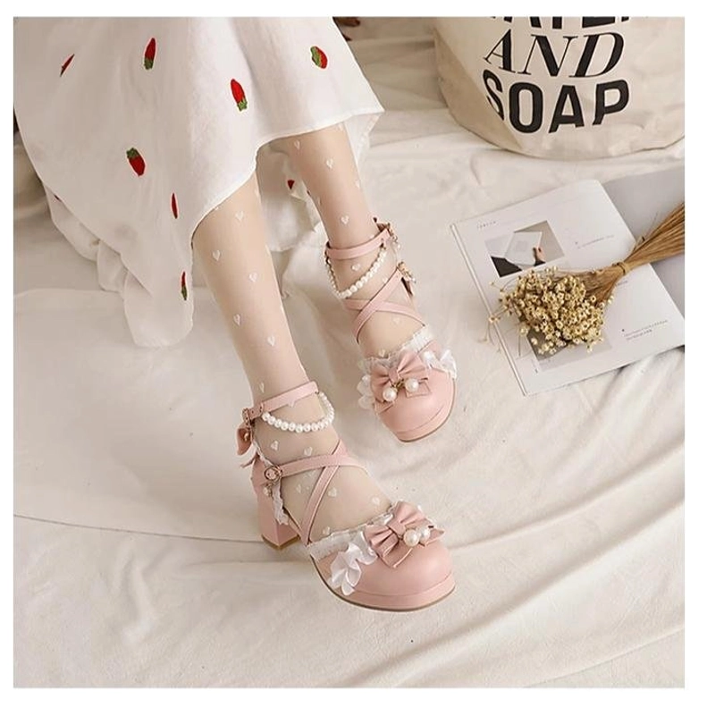 Extended size Qi Lolita Mary Jane heels up to size 43 with inclusive plus-size options pearl-detailed T-strap ankle design for diverse Lolita community fashion needs