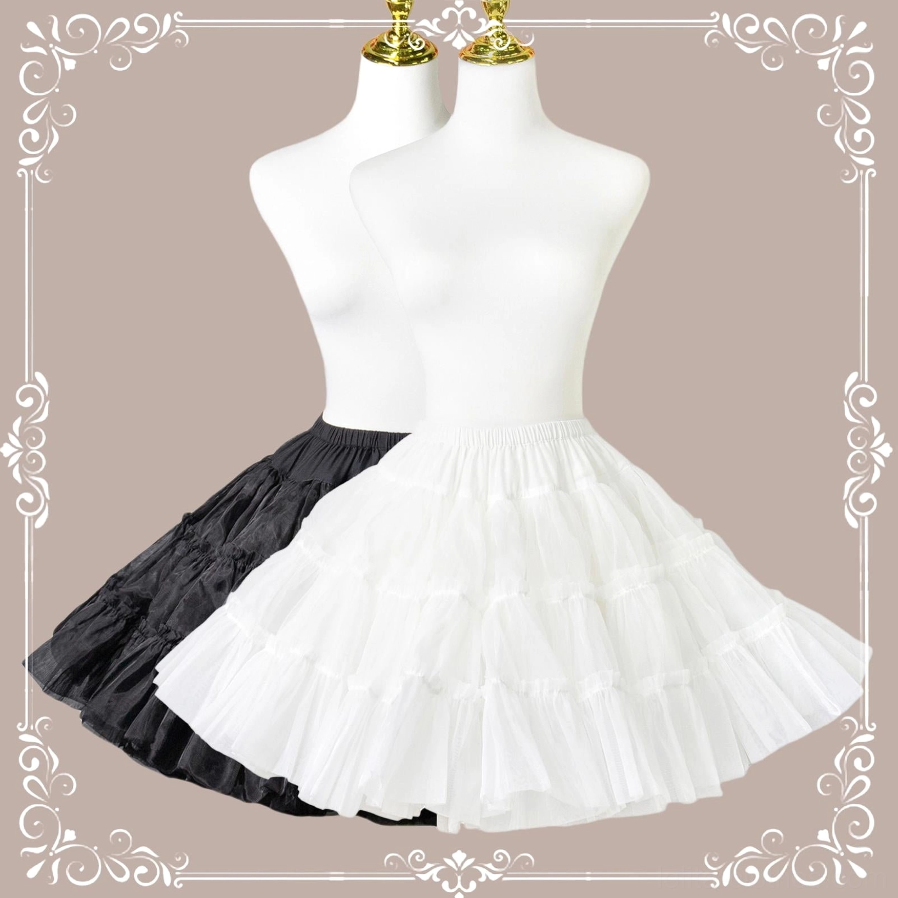 Extreme puffy lolita petticoat detail shot showing intricate hand-stitched tiered ruffles and premium organza tulle fabric quality