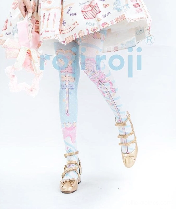 Fairy Kei sweet Lolita printed stockings flatlay showcase all color variations pastel pink blue and black design options