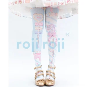 Sweet Lolita footed stockings with pastel blue and pink base featuring bow and heart lollipop prints paired with gold strap Mary Janes