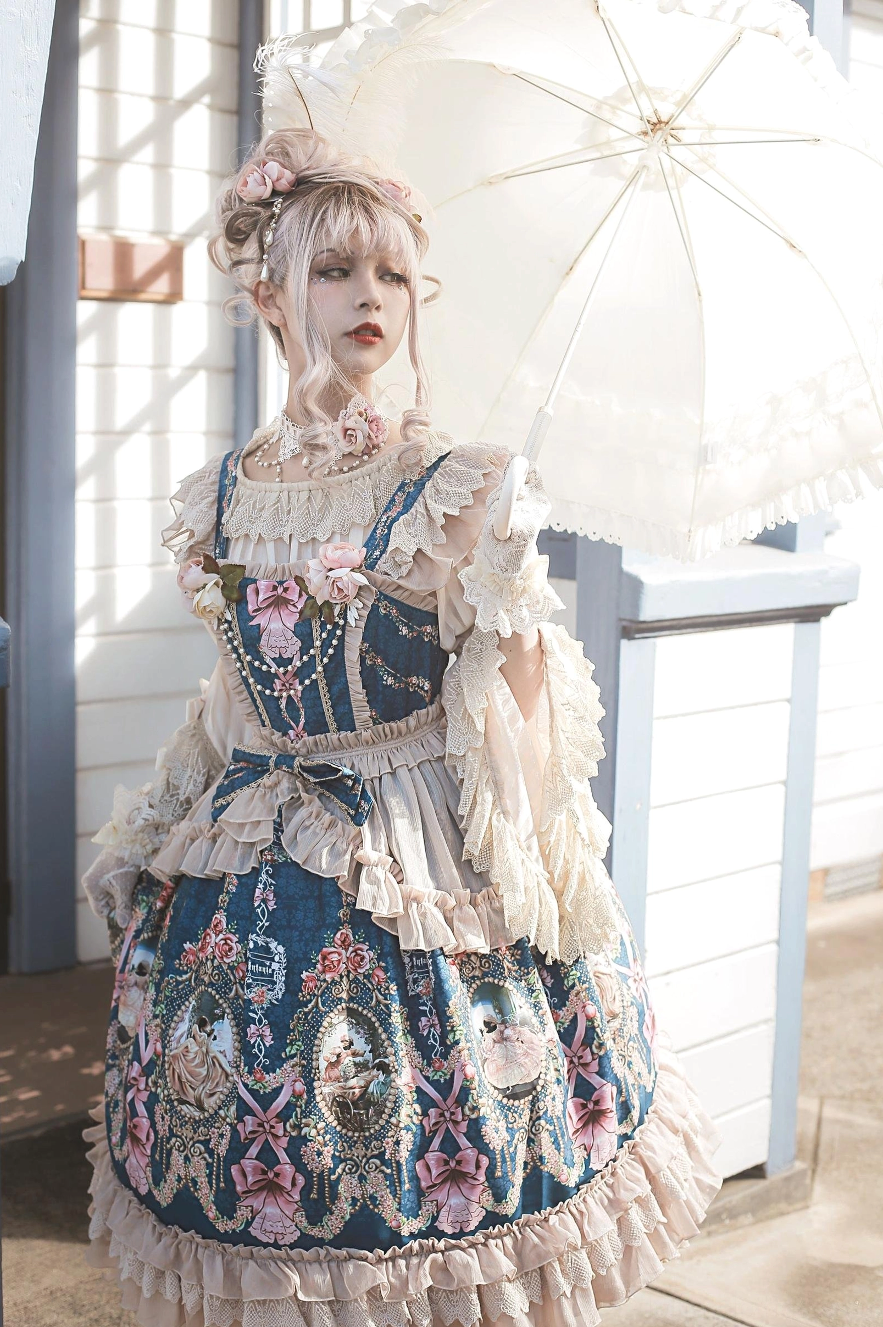 Fairytale garden lolita jumper skirt full outfit coordinate model outdoor setting romantic vintage aesthetic classic lolita fashion