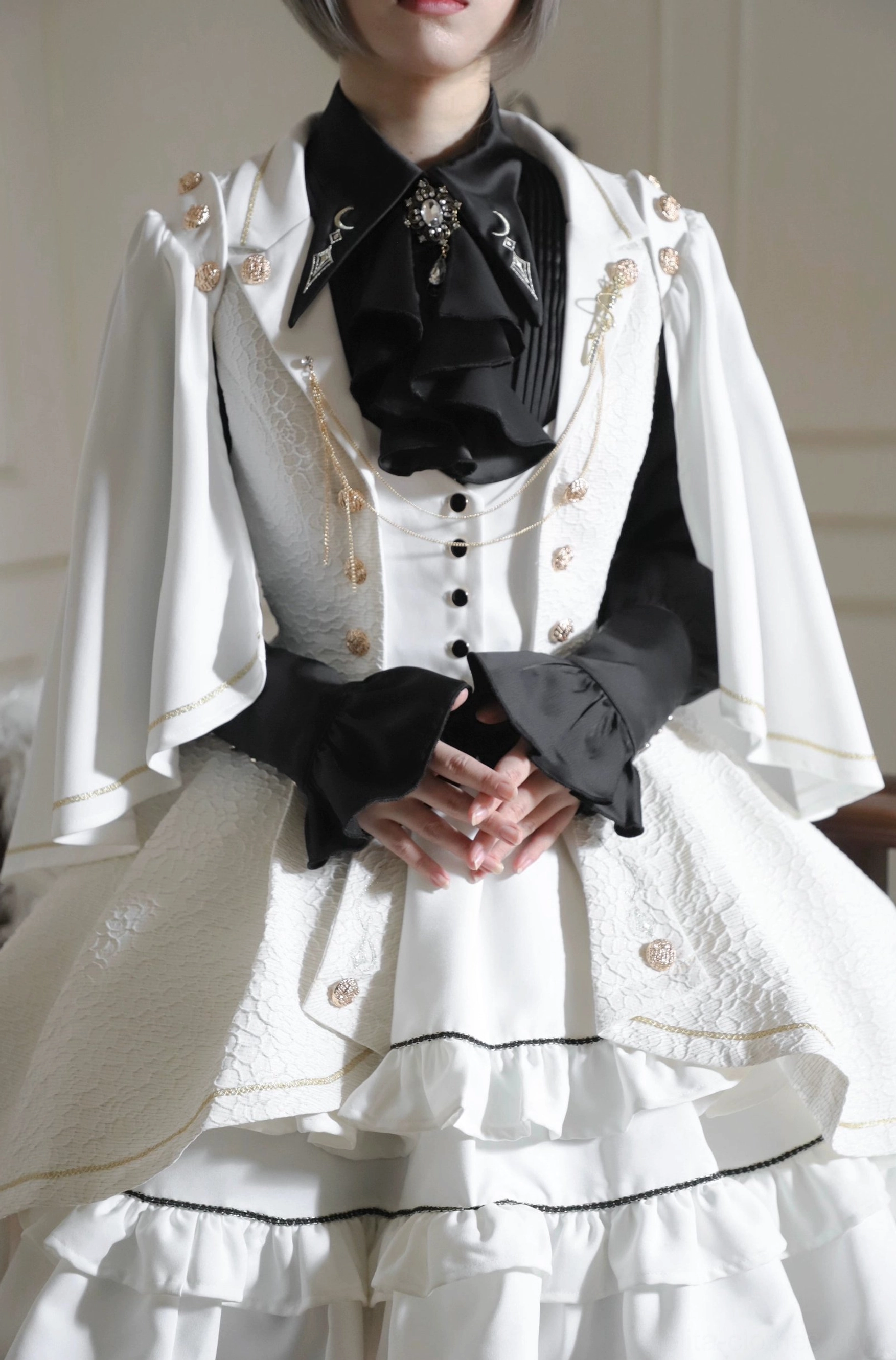 Fallen Moon Rule military lolita care and maintenance guide visual, showing gentle hand washing and shade drying technique