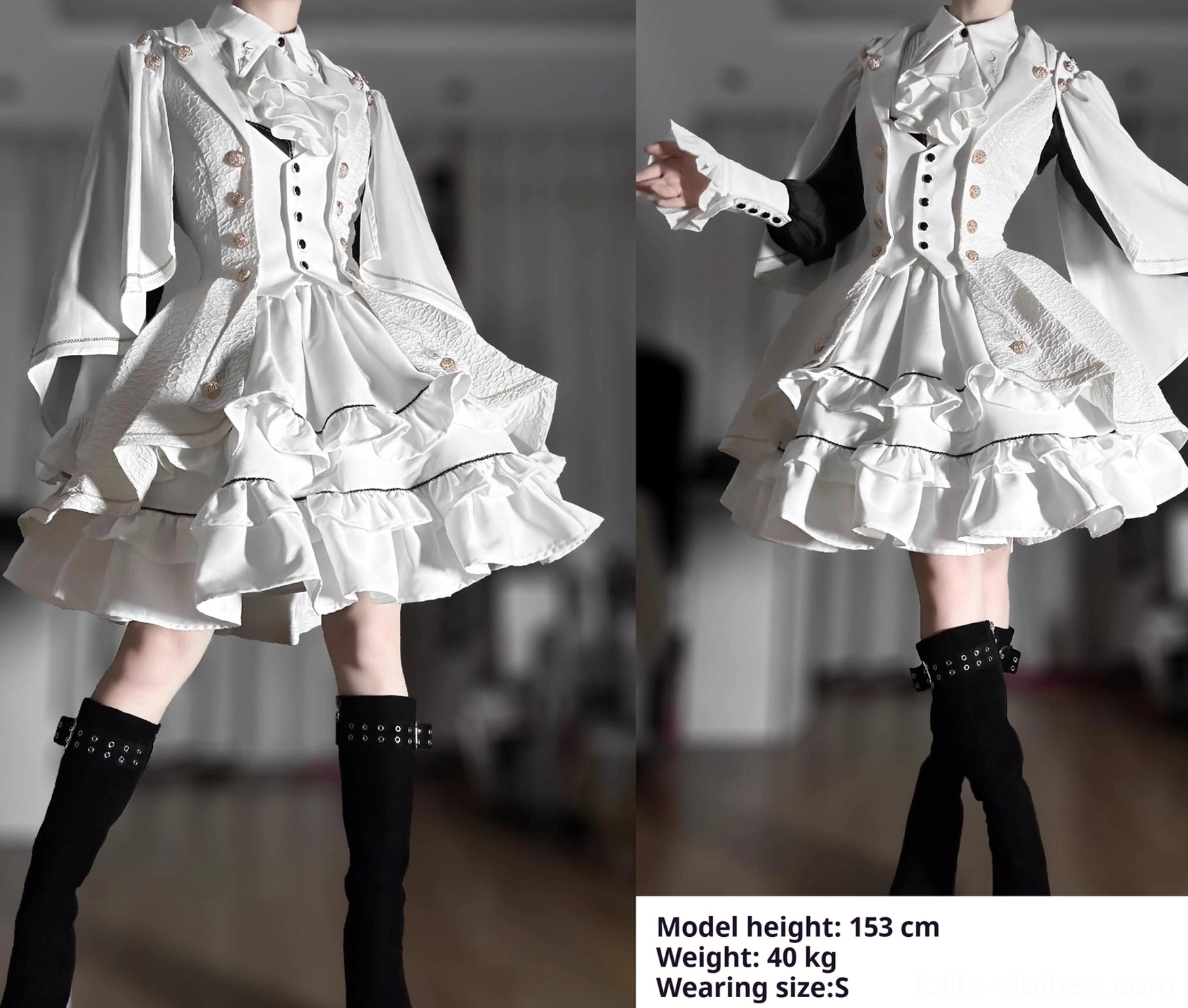 Fallen Moon Rule military lolita styled for lolita community meetup, model in appropriate setting demonstrating subculture wear