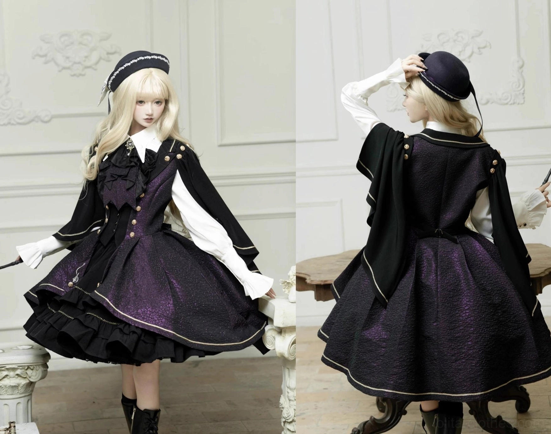 Fallen Moon Rule military lolita full-body silhouette in neutral background studio, demonstrating complete ensemble proportions