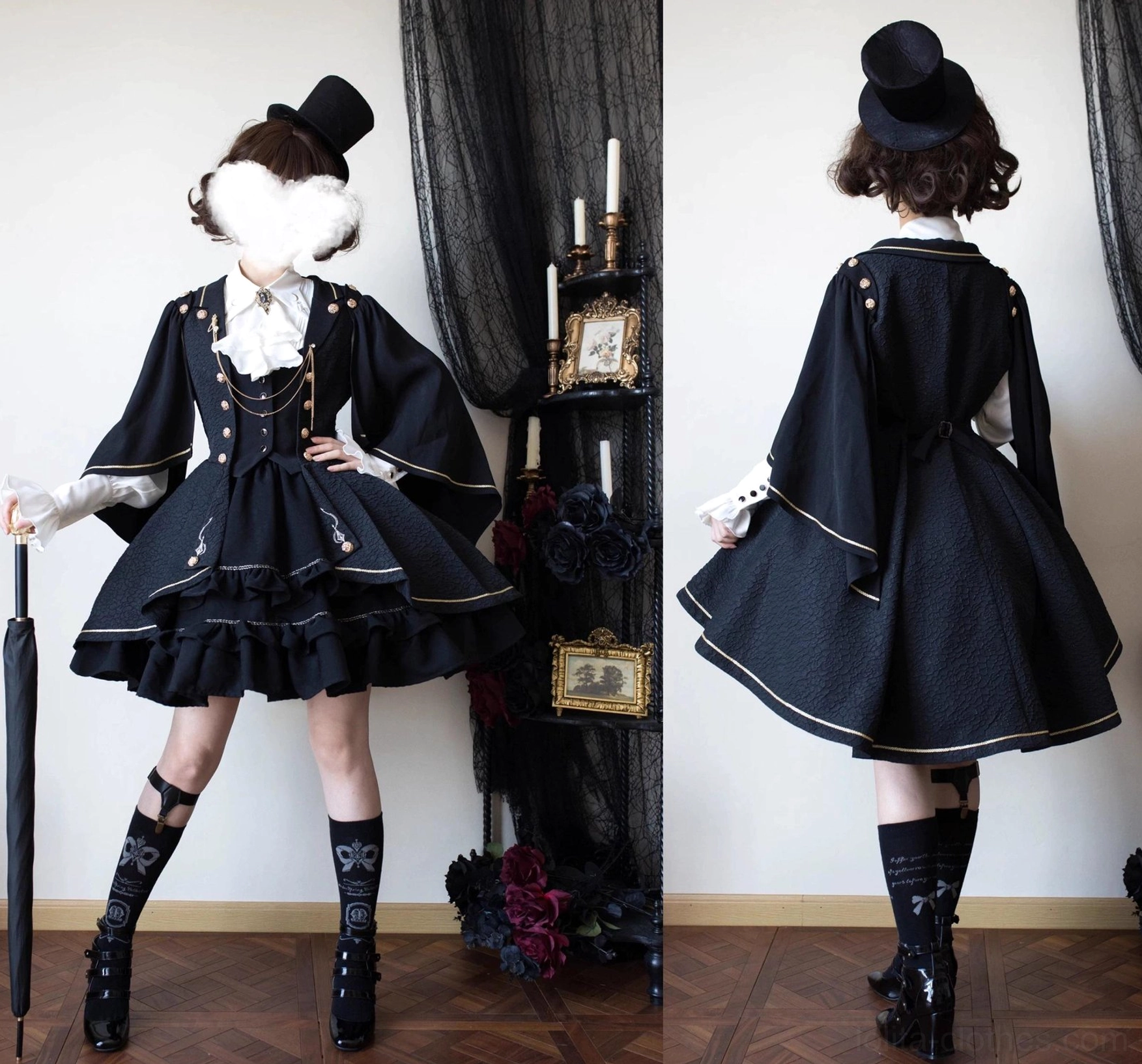 Fallen Moon Rule military lolita button detailing close-up, showcasing gold button embellishment and placement throughout ensemble
