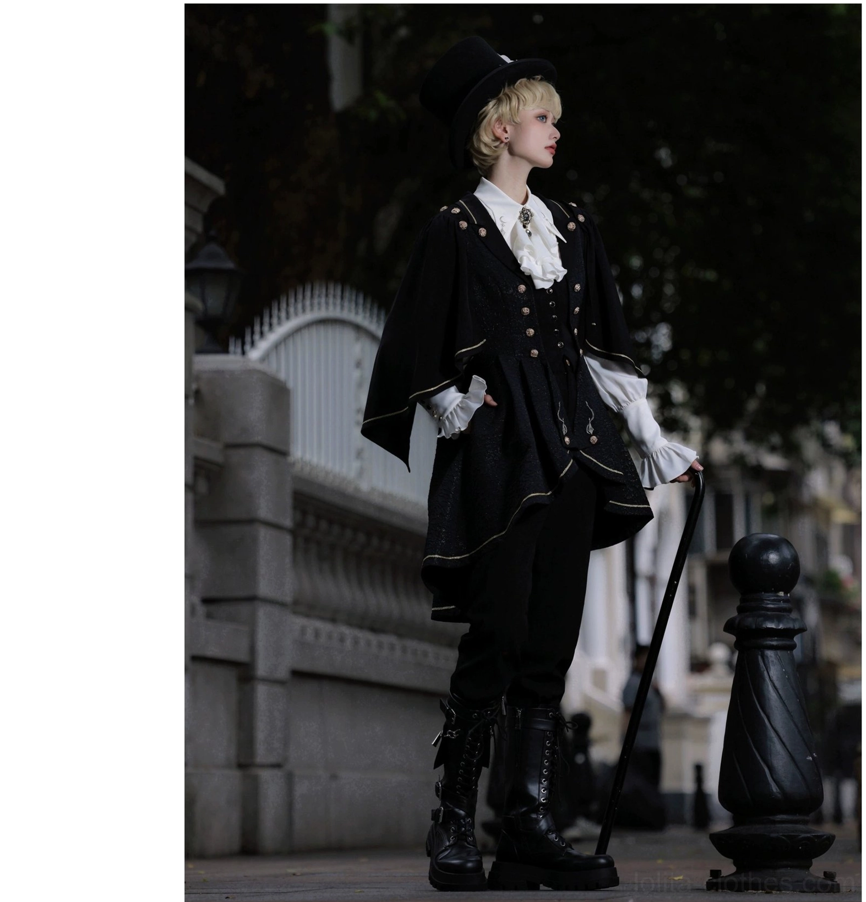 Fallen Moon Rule military lolita neck detail and collar embroidery, showing embroidered stand collar construction and placement