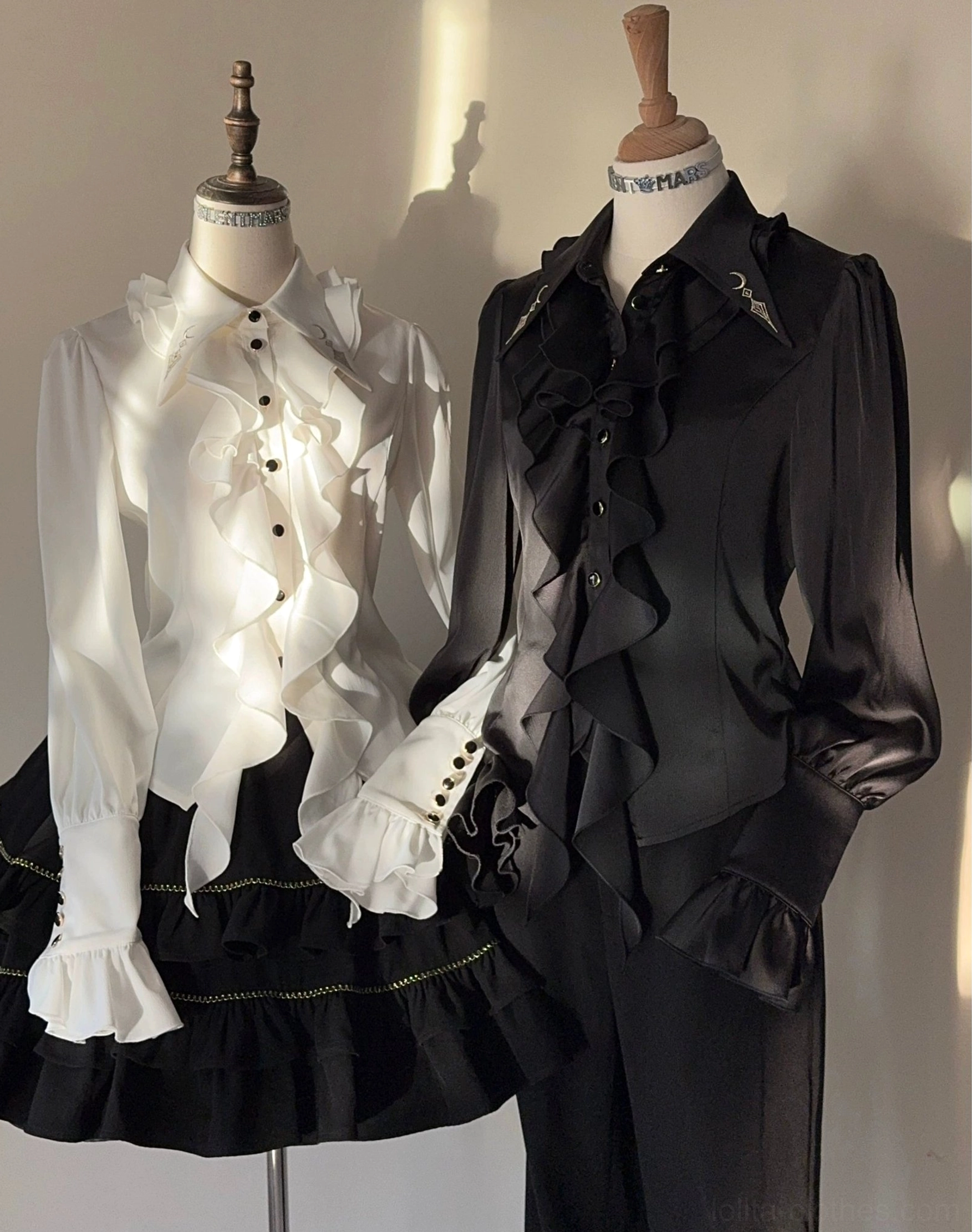 Fallen Moon Rule military lolita in natural outdoor daylight, showcasing fabric color accuracy and texture in sunlit conditions