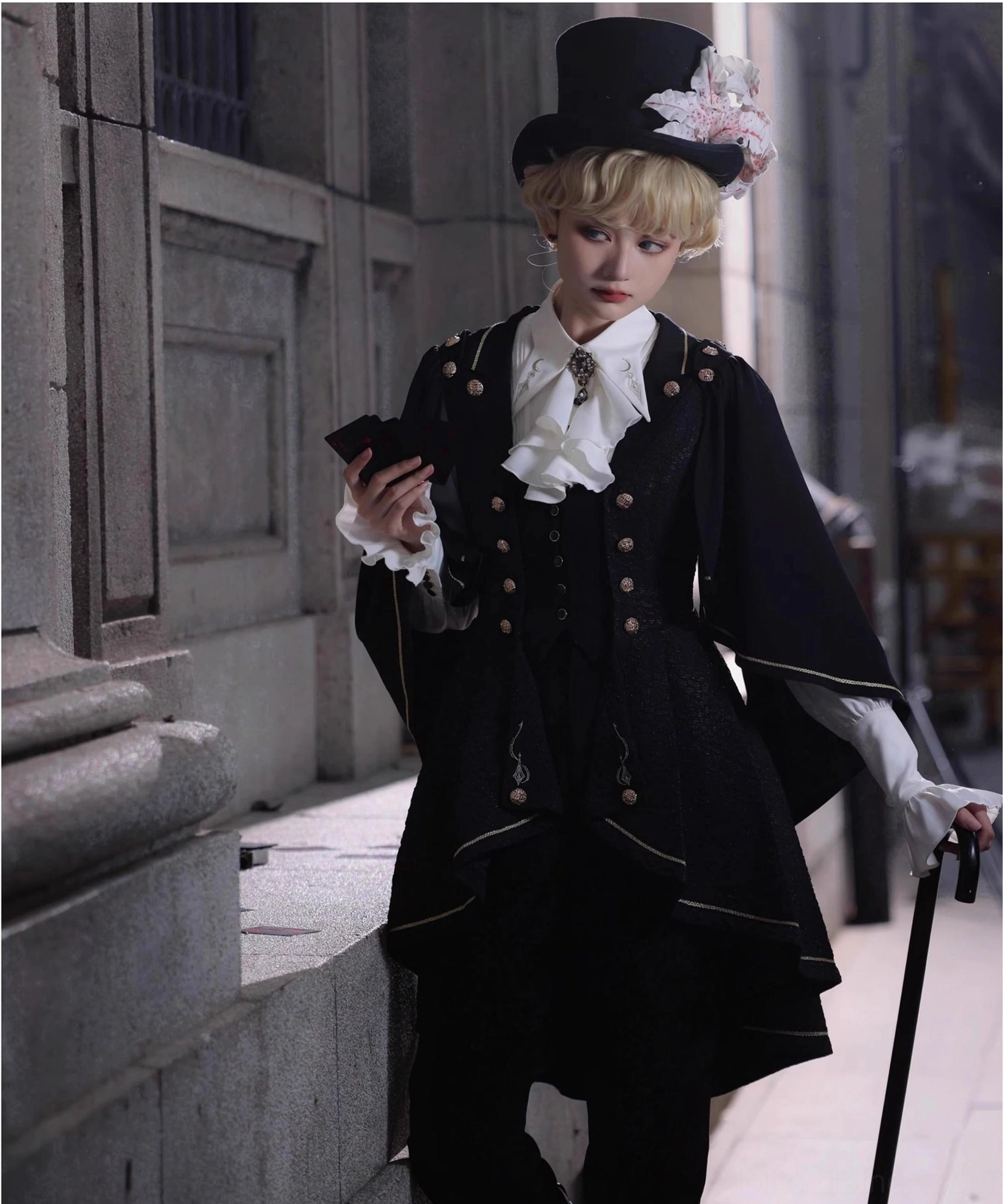 Fallen Moon Rule military lolita premium fabric quality showcase, close-up of satin crepe sheen and lining construction