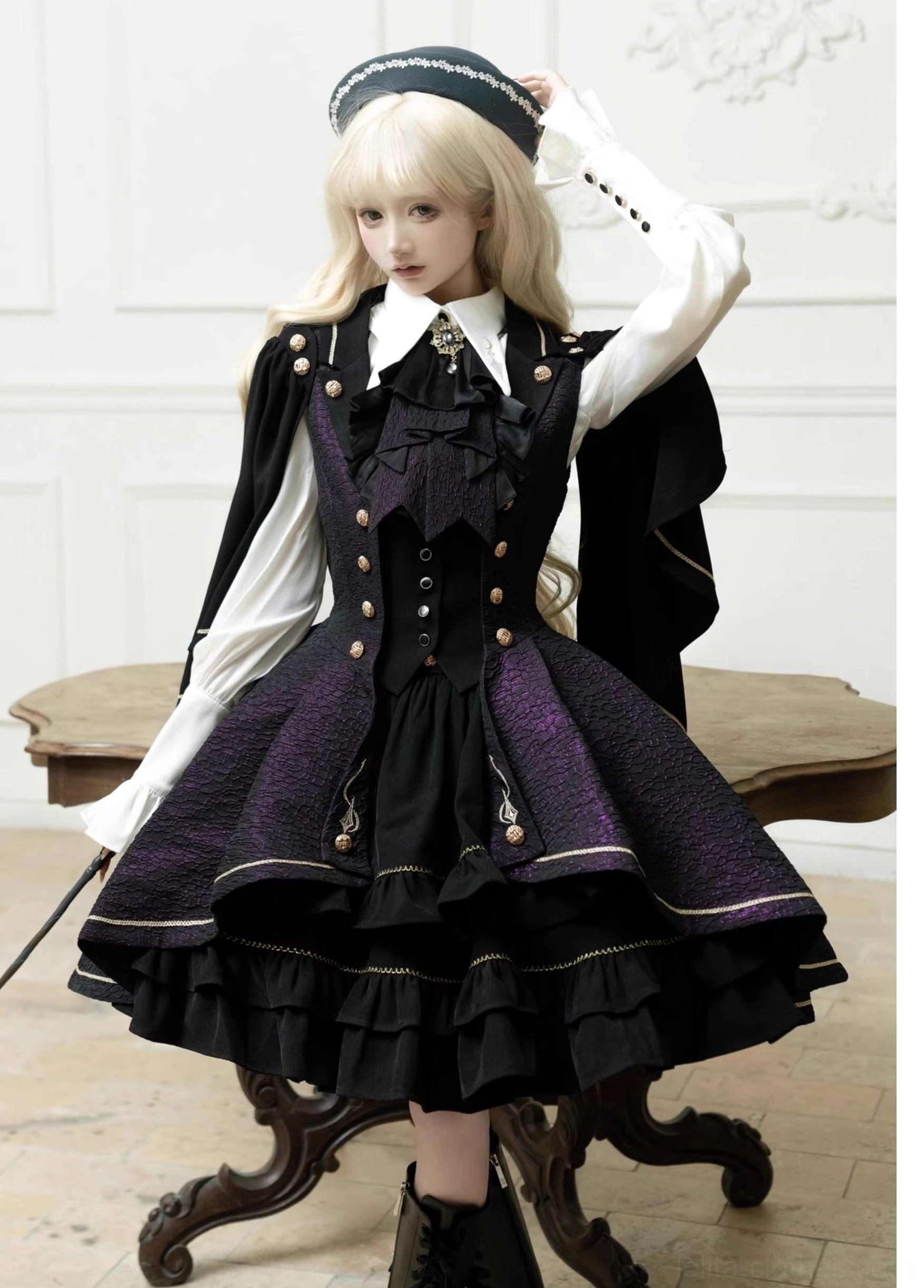 Fallen Moon Rule military lolita ruffles and trim detail, macro photography of tiered skirt ruffle construction and scalloped edges