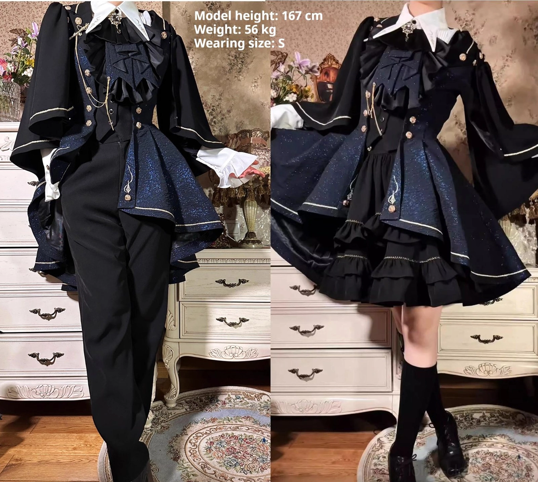 Fallen Moon Rule military lolita side profile mannequin view, showing silhouette depth, structured fit, and design proportions