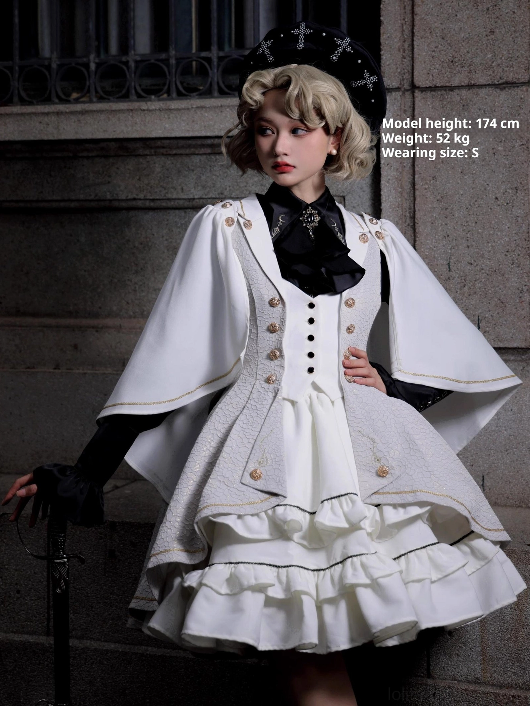 Fallen Moon Rule military lolita size comparison display, multiple sizes arranged to show fit progression and silhouette consistency