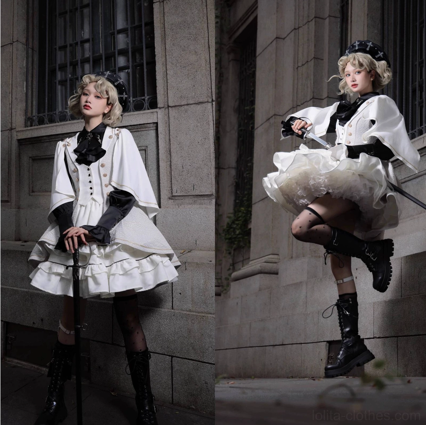 Fallen Moon Rule military lolita styled with alternative gothic accessories, top hat, walking cane, and parasol demonstration