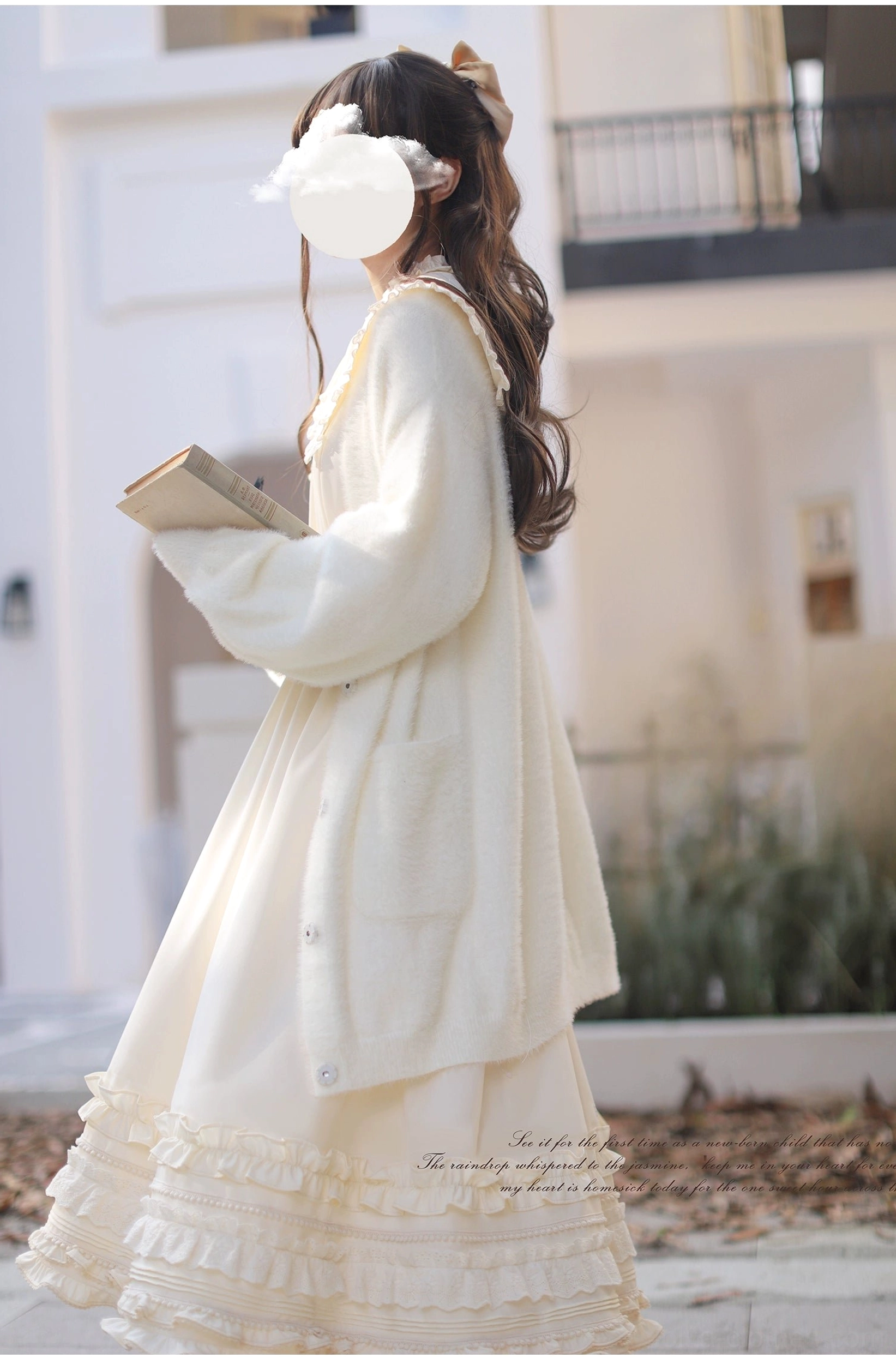 Faux fur long cardigan details, luxurious texture, button closures, long sleeves, floor-length design, styled as statement piece for classic Lolita cold-weather fashion