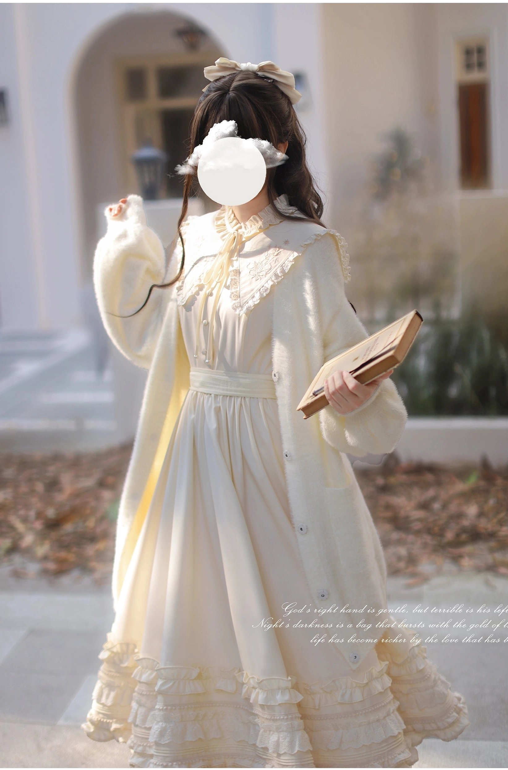 Luxury faux fur long cardigan in cream color, button-front design, floor-length cut perfect for layering over Lolita OP dress, full-body view of elegant winter styling piece