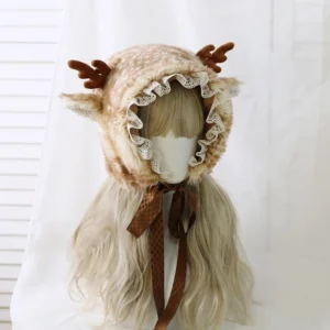 Front three-quarter view of fawn spot deer antler fleece lolita lei feng hat with lace trim worn by mannequin with blonde wavy wig, featuring dark brown bow tie straps and delicate lace-ruffled hood edges