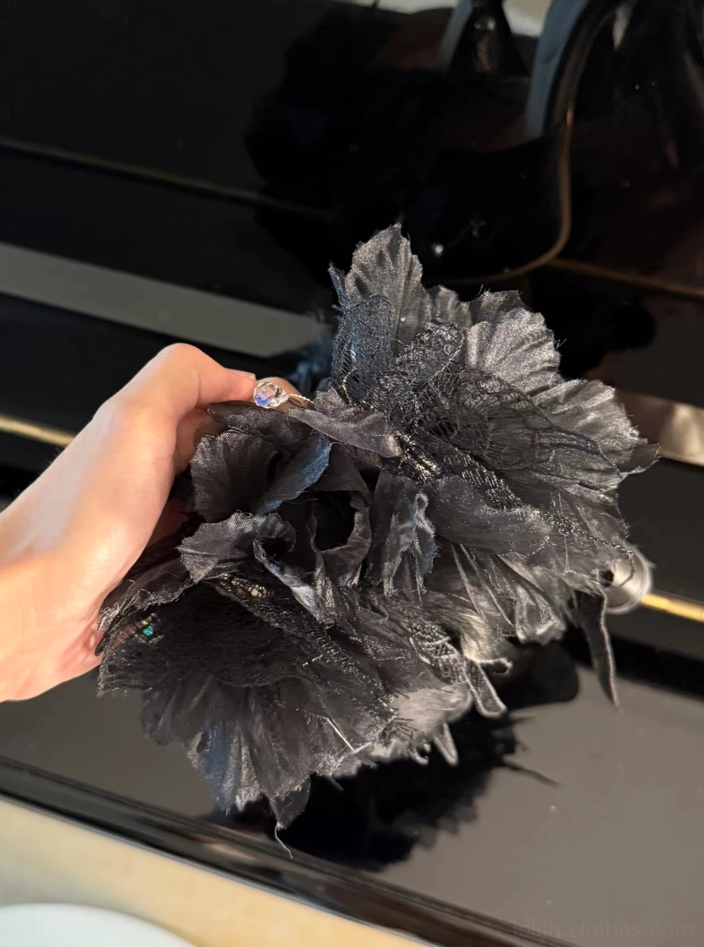 Feather spirit lolita platform heel shoes detail view showcasing satin material texture, feather decoration craftsmanship, and adjustable ankle buckle hardware