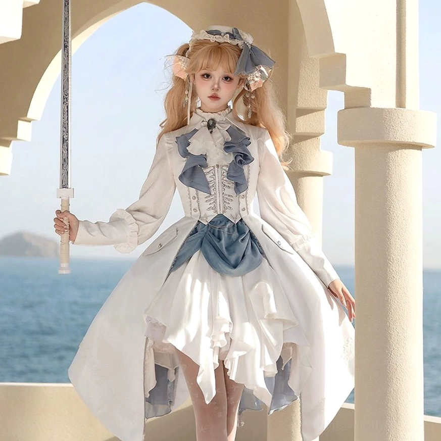 Female Ouji Lolita full set outfit full-body outdoor seaside portrait asymmetrical high-low white skirt suit